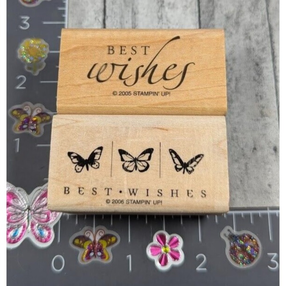 Stampin' Up! Best Wishes Lot of 2 Butterflies Script Rubber Stamp Wood #F47